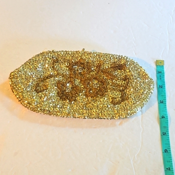 Micheri Gold Sequin BEADED Sparkle Vintage British MEDIUM clutch Handmade - Picture 7 of 8